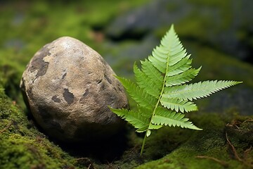 Green fern leaf and stone on moss background,  Nature concept