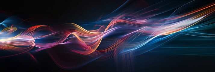 Vibrant, flowing lines of light bring dynamic energy to this artwork, exuding motion and color against a dark backdrop - obrazy, fototapety, plakaty