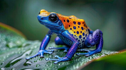 Fototapeta premium A brightly colored frog with blue and orange spots is sitting on a green leaf.