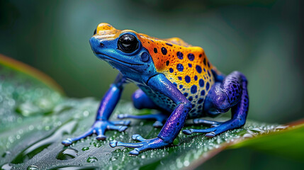 A brightly colored frog with blue and orange spots is sitting on a green leaf.