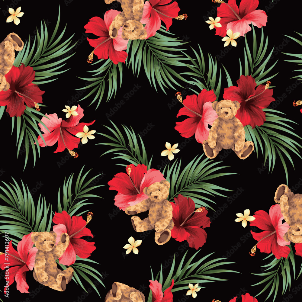 Sticker Pattern composed of tropical flowers and cute bears,