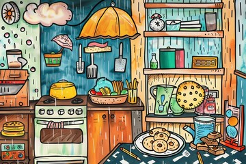 Cartoon cute doodles of a rainy day indoors, with board games, puzzles, and homemade cookies baking in the oven, Generative AI