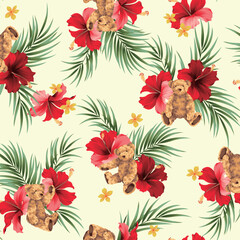Pattern composed of tropical flowers and cute bears, - obrazy, fototapety, plakaty