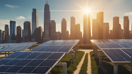 Urban Solar Power: City Skyline with Solar Panels on Buildings