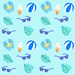 Illustration of palm leaves with flip flops amidst ice creams and sunglasses against blue background