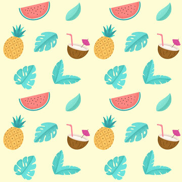 Illustration of palm leaves amidst tropical fruits over colored background