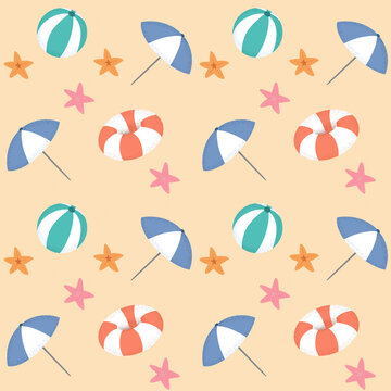 Illustration of colorful beach umbrellas amidst inflatable rings and starfish over colored background