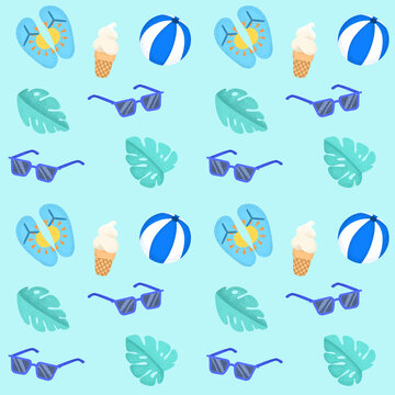 Illustration of palm leaves with flip flops amidst ice creams and sunglasses against blue background