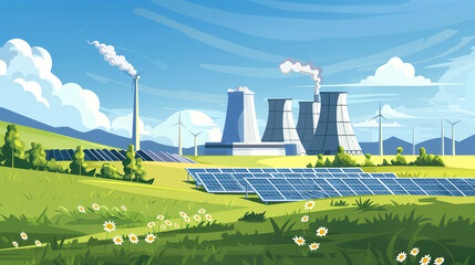 Illustration transition from traditional nuclear facility with a coal power station energy sources to renewable natural energy. - obrazy, fototapety, plakaty
