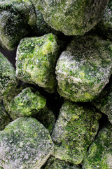 A cluster of frozen spinach leaves, covered in a thin layer of frost, lies neatly stacked. The vibrant green contrasts with the icy coating, highlighting the freshness preserved in each leaf.
