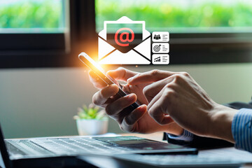 Email marketing concept, Business people use email to promote products or services. online...