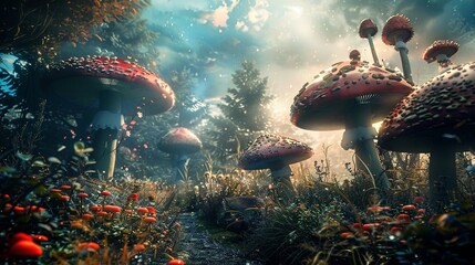 Fototapeta na wymiar Fantasy mushrooms wallpaper in the forest