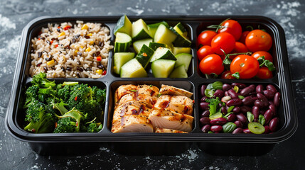 A healthy and balanced meal with grilled chicken, brown rice, vegetables, and fruit.
