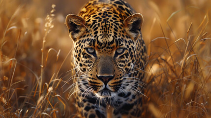 A leopard stares menacingly as it stalks its prey.