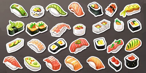 a collection of culinary-inspired stickers showcasing delicious treats from around the world – from sushi rolls to French pastries 16k ultra HD