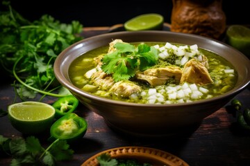 Steaming bowl of Mexican pozole verde, showcasing tender chicken or pork, hominy, and a flavorful green broth made with tomatillos, jalapeños, and cilantro