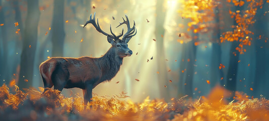 A majestic elk stands in a sunlit forest clearing in autumn.