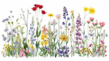 A Vibrant Collection Of Various Colorful Meadow Flowers Arranged on a White Background. Presenting unique shapes and colors, meticulously arranged to highlight their natural beauty.