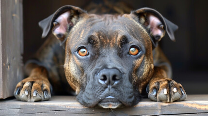 A Staffordshire Bull Terrier dog is resting it's head in it's paws and looking at the camera.