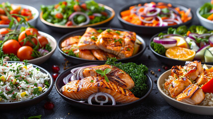 A variety of delicious and healthy food, including grilled salmon, roasted vegetables, and fresh salads.