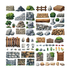 Garden materials cartoon vector set. Stone masonry hedge bushes fence wooden gates marble pedestal plants tiles trees decorative elements isolated on white background
