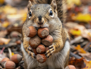 A squirrel is holding a bunch of nuts in its paws and looking at the camera.