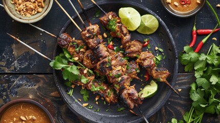 Close up of skewers and sauce on a plate