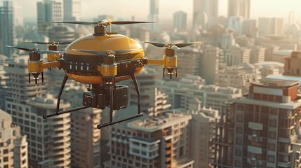 An advanced autonomous drone delivery service in action, with drones buzzing overhead as they...
