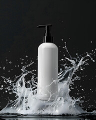 White cosmetic bottle with black pump dispenser mock up with water splash isolated on black background.