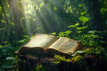 Open book on a stump in the forest with green moss and sunlight