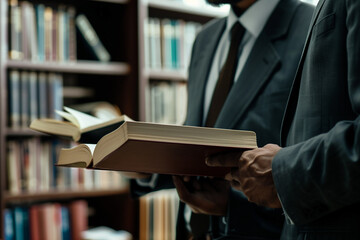 A side view of two lawyers analyzing law books together, symbolizing legal research and expertise.