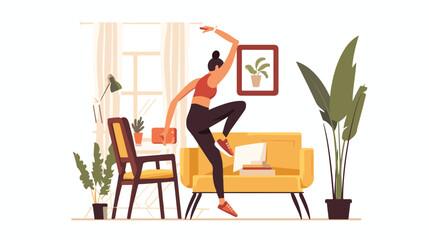 Fitness woman doing exercises with chair in the living