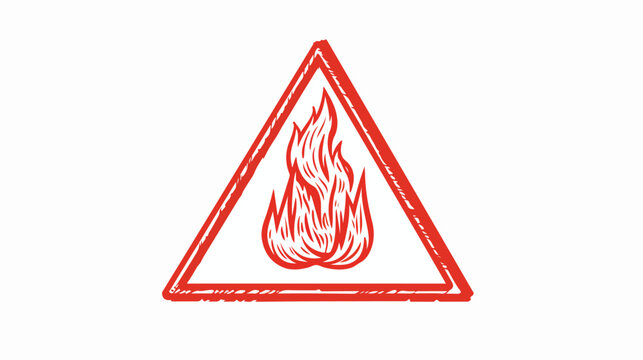 Flammable sign flame pictogram. White triangle framed
