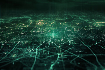 Fototapeta premium A digital landscape reminiscent of a map. Lines crisscross the terrain and delineating network boundaries 
