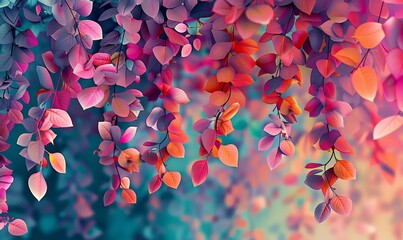 Elegant colorful with vibrant  flower hanging branches illustration background. Bright color 3d abstraction wallpaper for interior mural, Generative AI