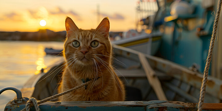Fall afternoon cat sitting boat feeling strange kittens in a boat on a sunny day Cute kitten sailing on the boat at sunset Adorable cat traveling on the boat at sunset