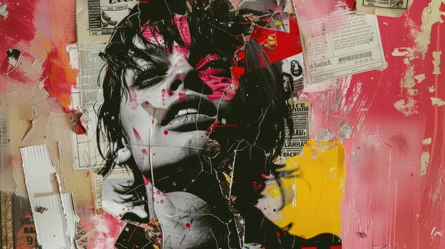 Abstract female portrait with red streaks on a textured collage background.