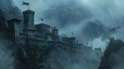 An ancient castle nestled amidst mist-shrouded mountains, its towering stone walls adorned with banners bearing the emblems of long-forgotten dynasties.
