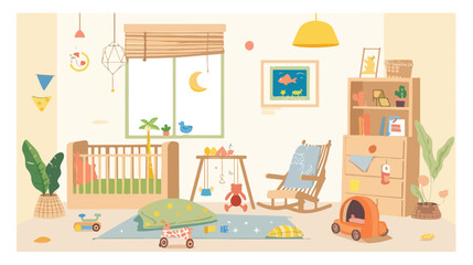 flat nursery with bed and play area. Vector illustration