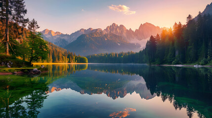Calm morning view of Fusine lake. Colorful summer sunrise in Julian Alps with Mangart peak on background, Province of Udine, Italy, Europe. Beauty of nature concept background. - obrazy, fototapety, plakaty