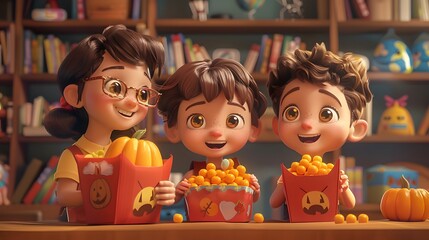 Fototapeta premium Happy family of 3 siblings showing off snacks to each other enjoying a festive time at home.