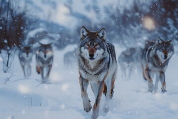 A pack of Canis lupus in a snowy forest