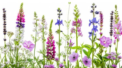 Obraz premium A vibrant and meticulously arranged selection of pressed flowers and greenery on a white background, showcasing natural beauty and botanical variety.