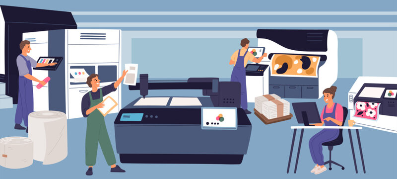 Printing house staff working. Polygraphy productions. People in printshop. Typography machines. Professional equipment. Color correction. Press office employees. Garish vector concept