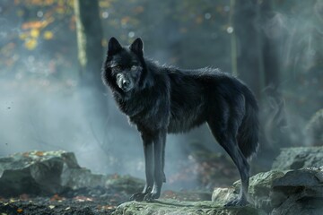 Black wolf in the forest,  Animal in the nature,  Wildlife scene