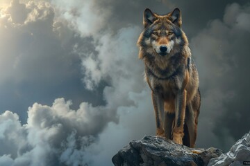  rendering of a wolf sitting on a rock with clouds in the background