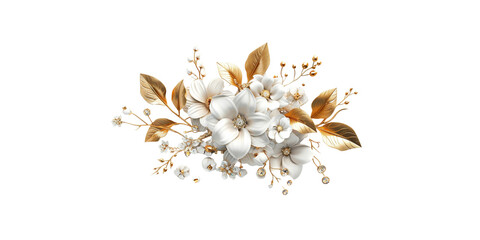  floral bouquet with golden leaves and diamonds, white background