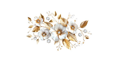  floral bouquet with golden leaves and diamonds, white background