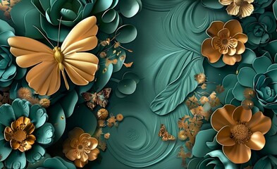 3d wallpaper abstract floral background with green flowers and golden butterfly mural for interior home, Generative AI