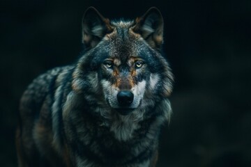 Portrait of a wolf on a dark background in the forest